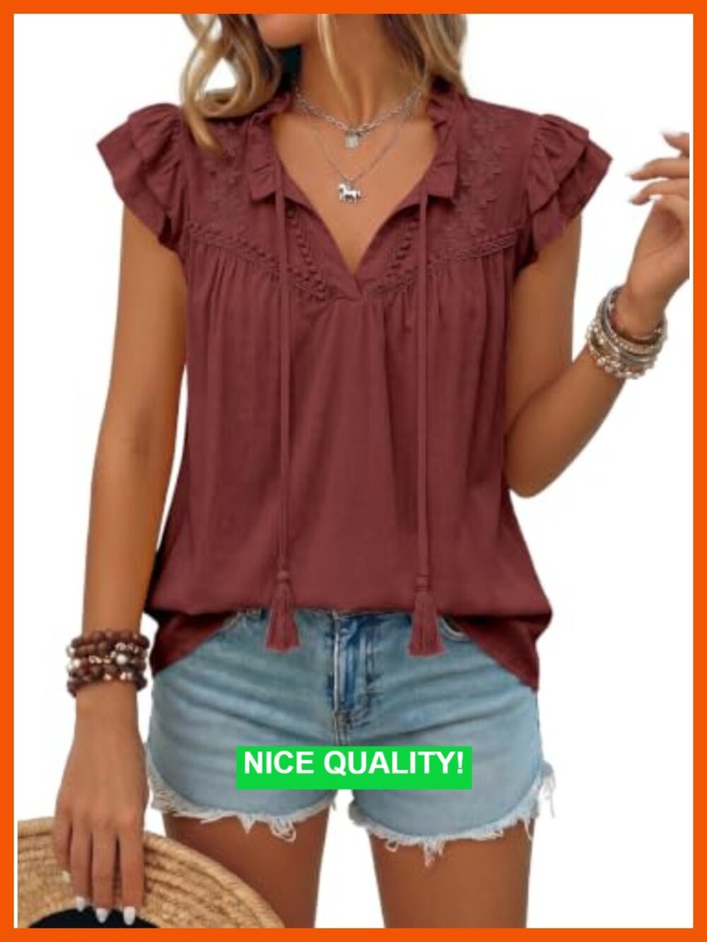 Ruffle Cap Sleeve Blouse with Lace Embroidery - V Neck Chiffon Tassel Top